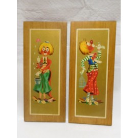 Pareja de cuadros años 70 sobre payasos. En madera. Cuadro infantil.