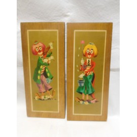 Pareja de cuadros años 70 sobre payasos en madera. Ref. 2 cuadro infantil