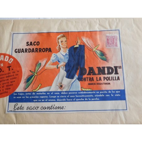 Antigua bolsa guarda ropa Dandi antipolillas. Años 50 con etiqueta ilustrada