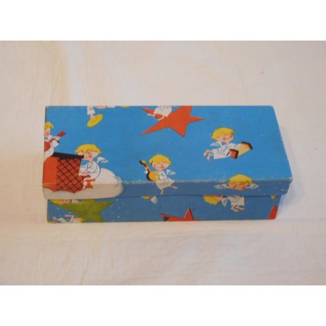 Bonita caja años 40-50 con motivos navideños, posiblemente de adornos navideños. Preciosa, una joya.