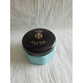 Antigua frasco tarro de crema Klytia en cristal opalina azul y tapa en baquelita negra. Años 50.