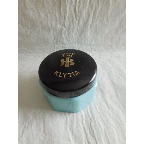 Antigua frasco tarro de crema Klytia en cristal opalina azul y tapa en baquelita negra. Años 50.