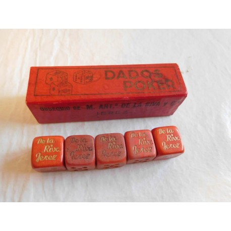 Magnifico juego de dados en madera con estuche. Promocional años 50. De la Riva. Jerez.