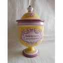 M69 Antiguo frasco albarelo de farmacia en porcelana con tapadera de Camptotheca Acuminata. Firmado.
