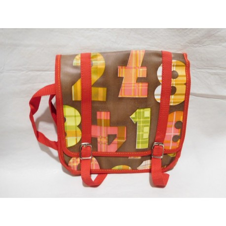 Cartera de Colegio años 70 en rojo y marrón con números. Nueva. Sistema cierre en broche.