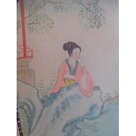 Antiguo pay pay japones en seda pintado a mano de geisha en jardin