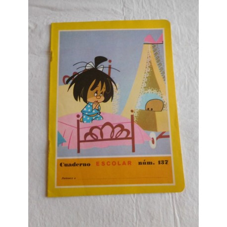 Cuaderno de colegio Familia Telerín años 60. Modelo Cleo y Cuquín rezando.