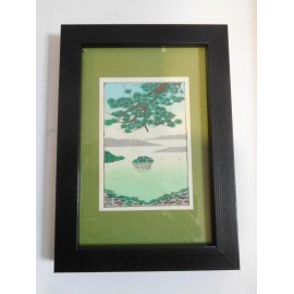 Pequeña pintura arte japonés sobre tela. Miniatura sobre paisaje