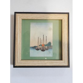 Pequeña pintura arte japonés sobre tela. Miniatura sobre barcos.
