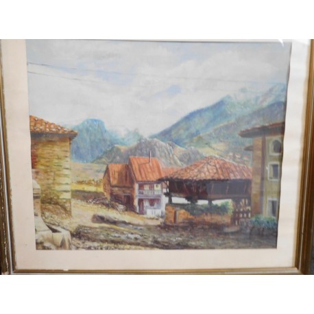 Pintura al oleo de escena rural con hórreo. Desconozco fecha. Se entrega con marco original.